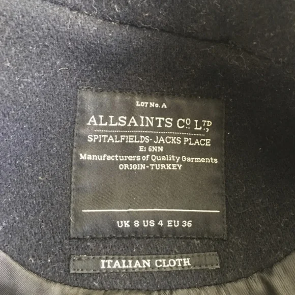 Allsaints Navy Wool Duffle Coat w Leather Shoulder